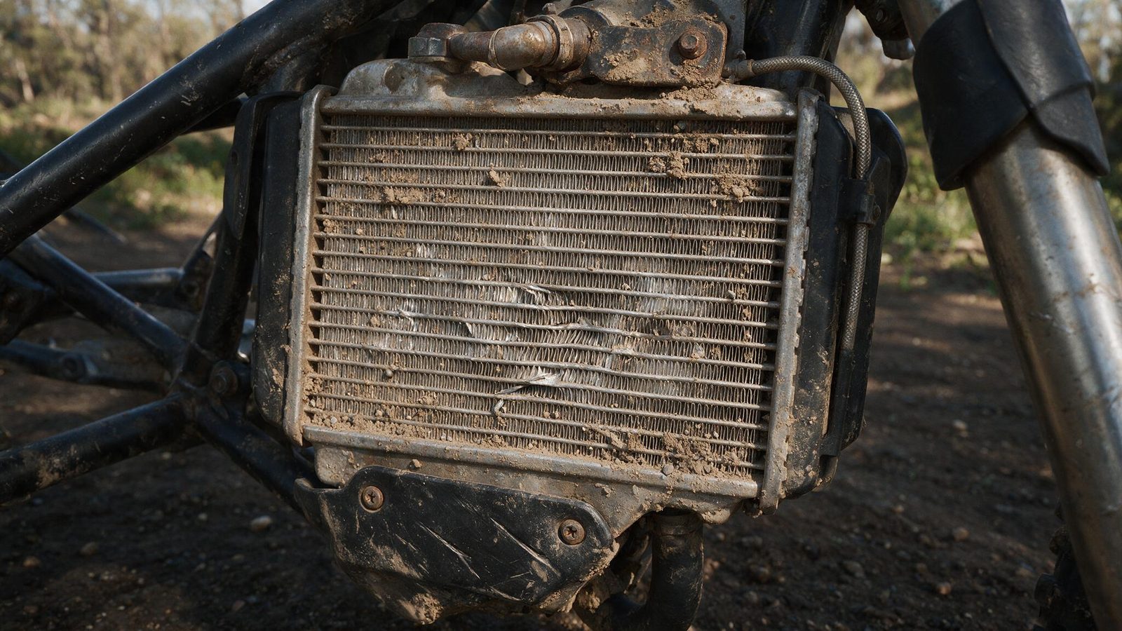 Ailettes de radiateur de moto tout-terrain partiellement bouchées par de la terre sèche