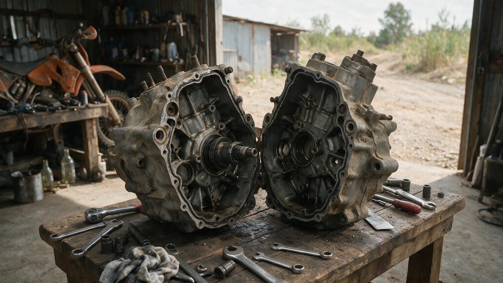 Engine cases split open with internal parts removed for a full overhaul