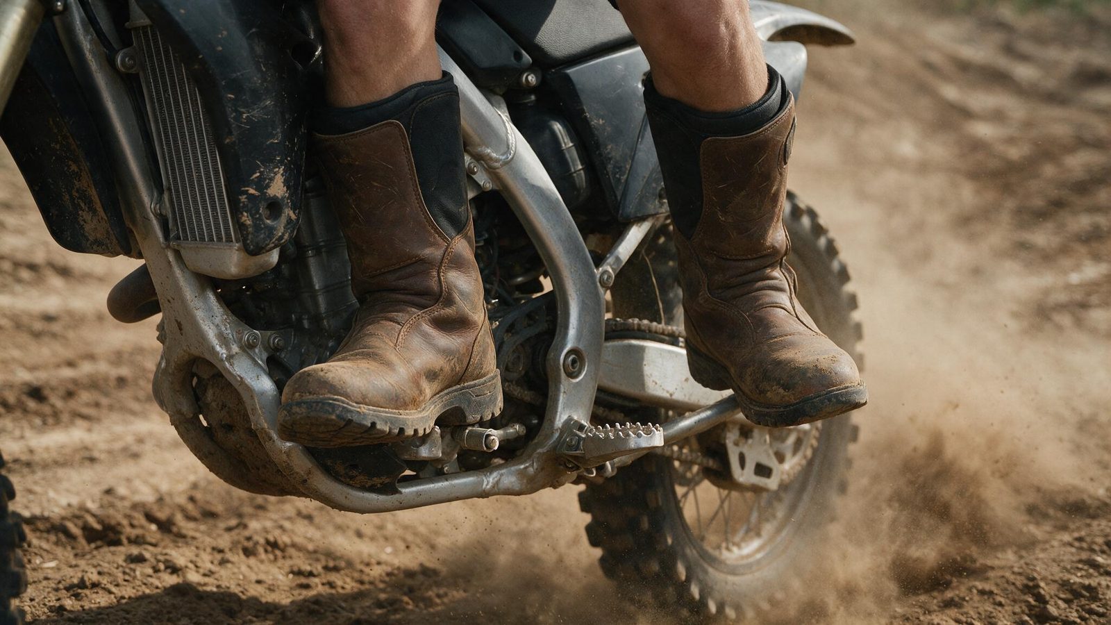 Bottes posées sur les repose-pieds et genoux serrés contre le cadre, pilote debout en action