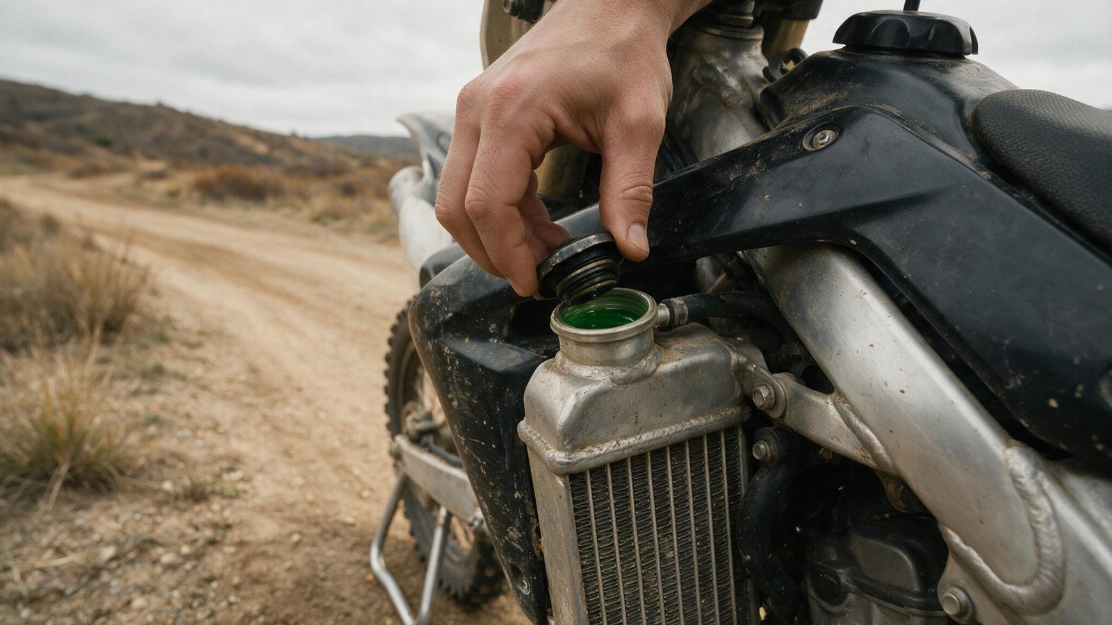 Bouchon de radiateur ouvert sur une moto tout-terrain, contrôle du niveau de liquide