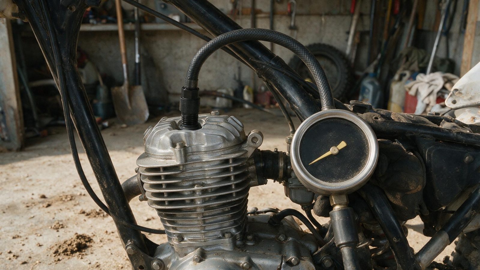 Compressiomètre vissé dans le puits de bougie d'un moteur monocylindre, aiguille du cadran visible