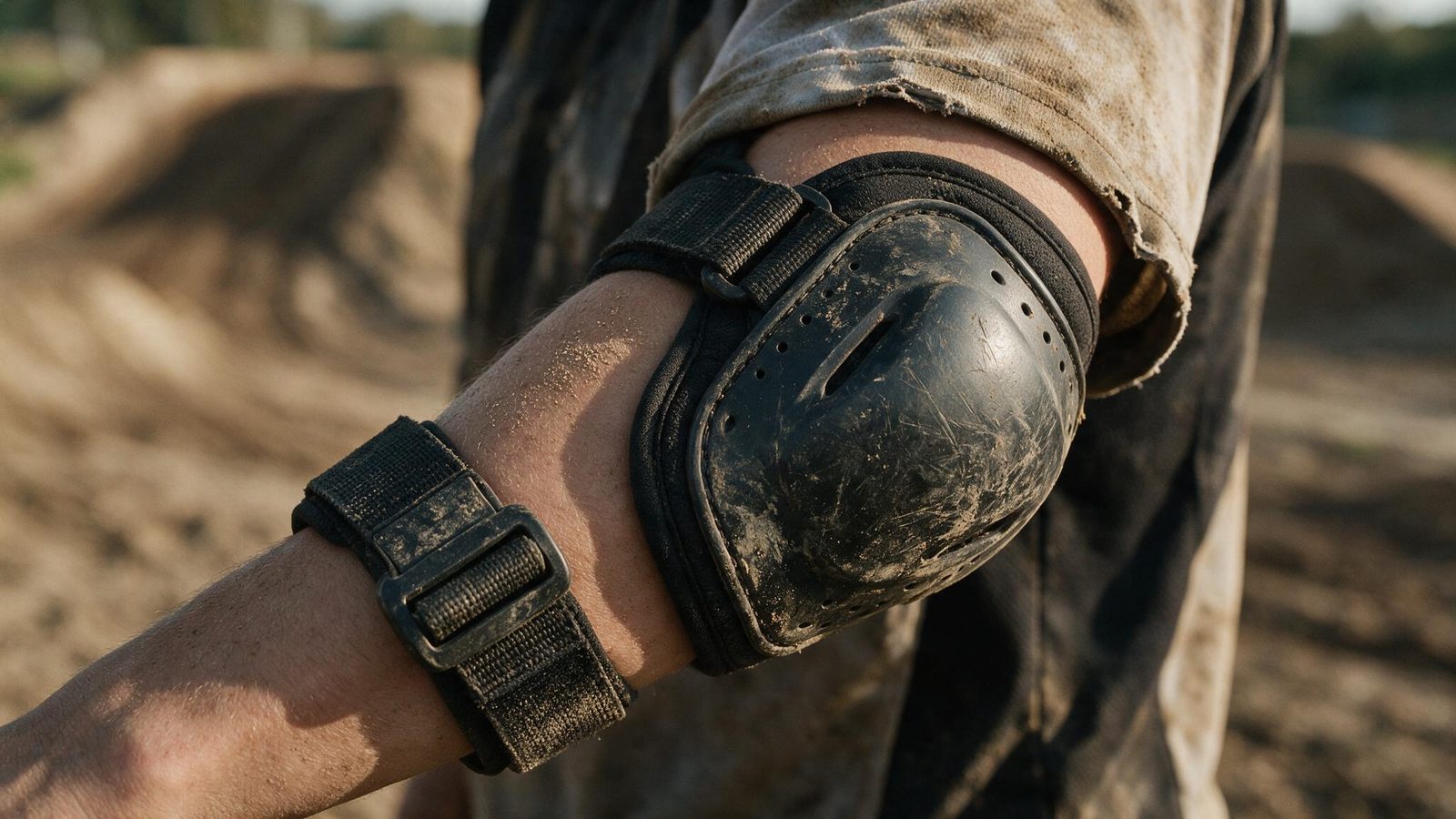 Coudière rigide sanglée sur l'avant-bras d'un pilote, coque et sangles bien visibles