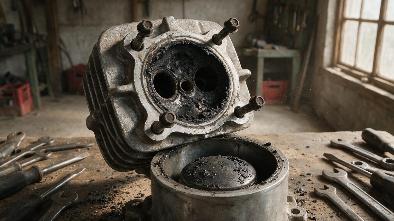 Culasse de moteur 2 temps retournée, calamine noire sur la chambre et le piston