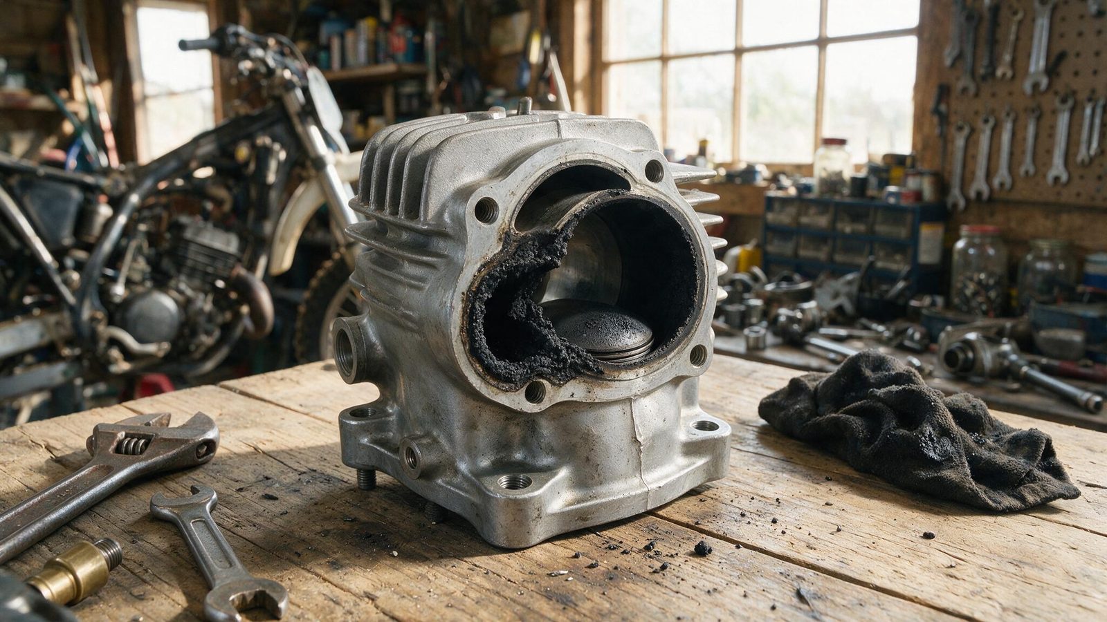 Disassembled two-stroke cylinder showing a carboned-up exhaust port