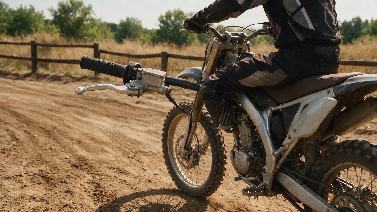 Détail du guidon d'une moto avec le levier de frein et la main du pilote