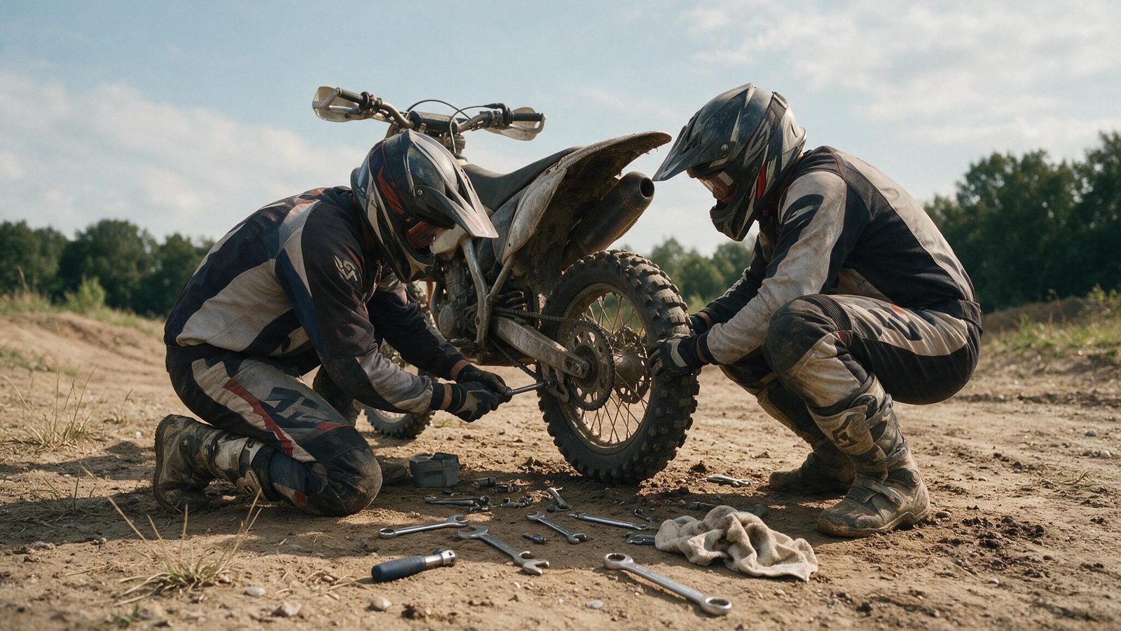 Deux pilotes en tenue accroupis pour intervenir sur la roue arrière d'une moto tout-terrain
