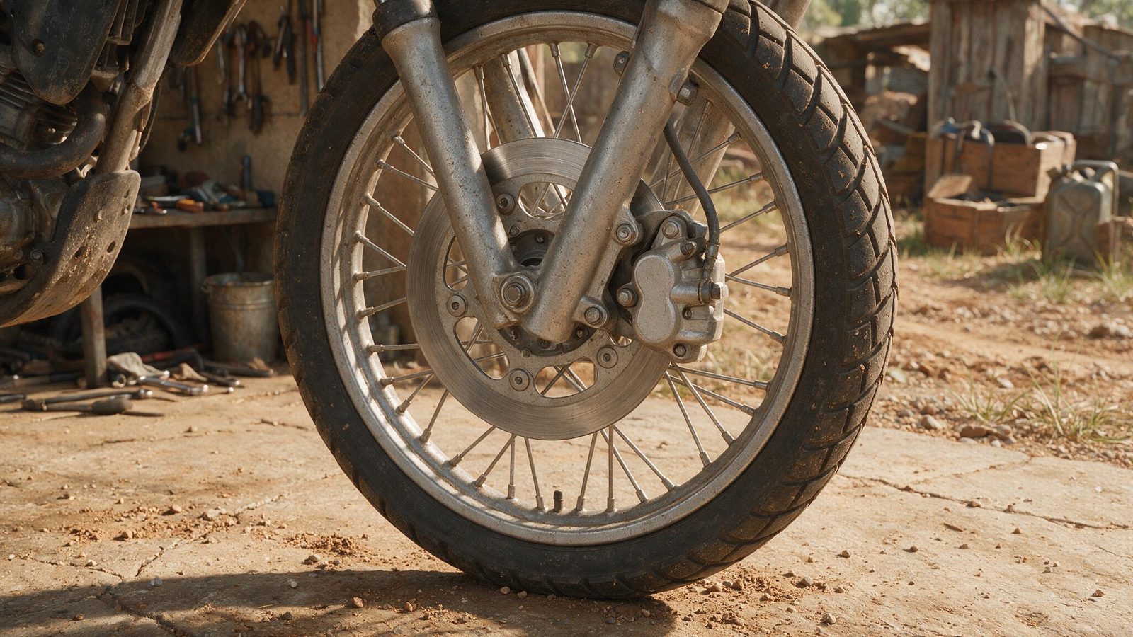 Disque de frein avant et étrier montés sur la roue d'une moto