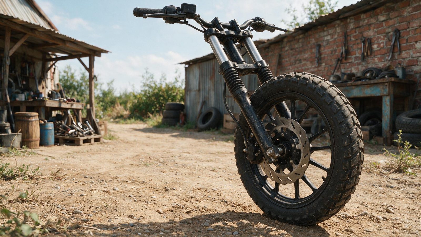 Fourche avant, roue et disque de frein d'une moto vus de trois quarts