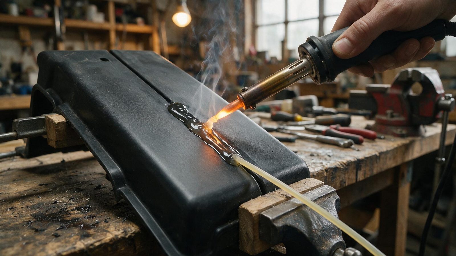 Hand running a plastic weld bead with an iron on a panel clamped in a vise