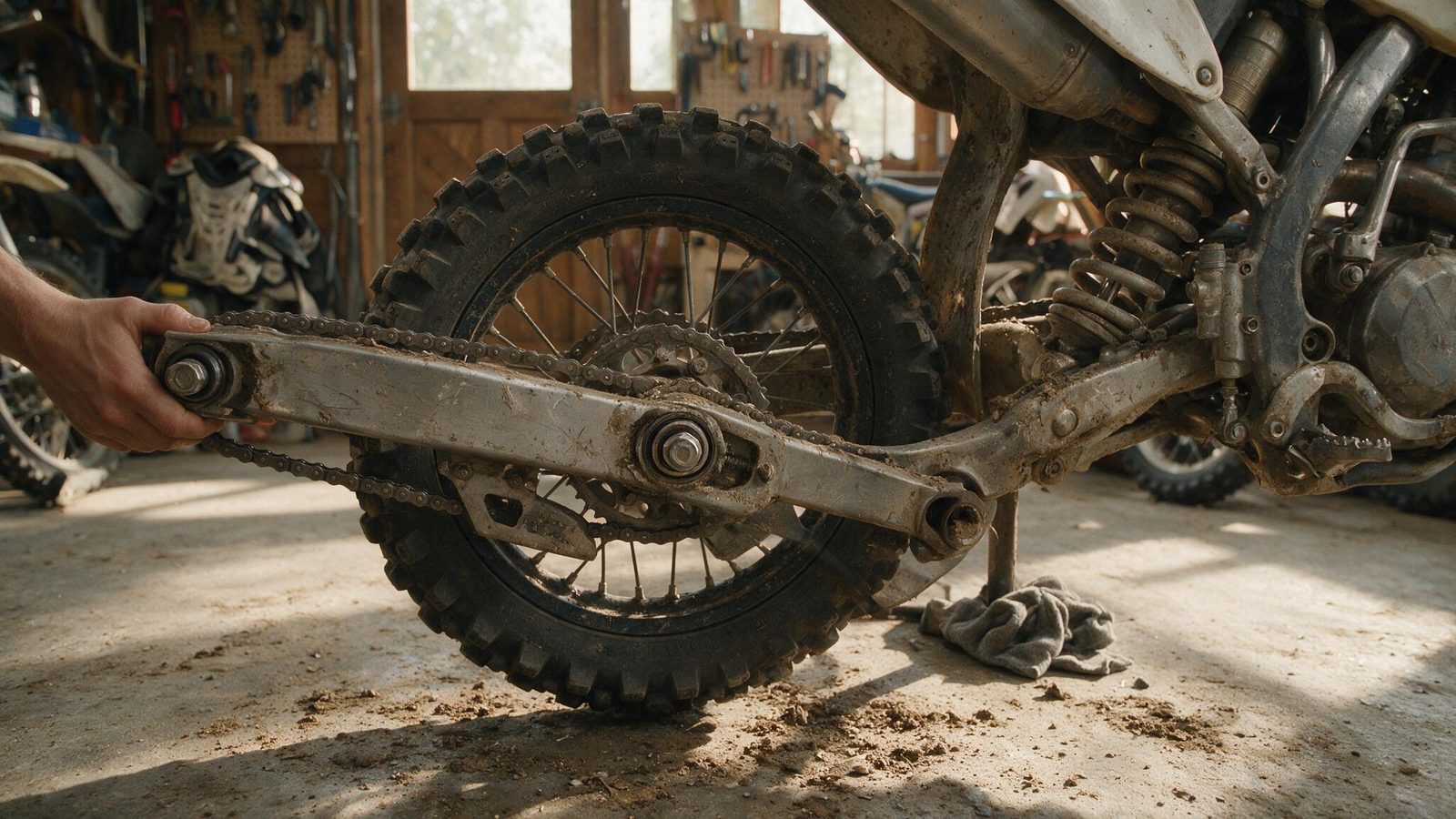 Main testant le jeu latéral du bras oscillant d'une moto de motocross sur béquille