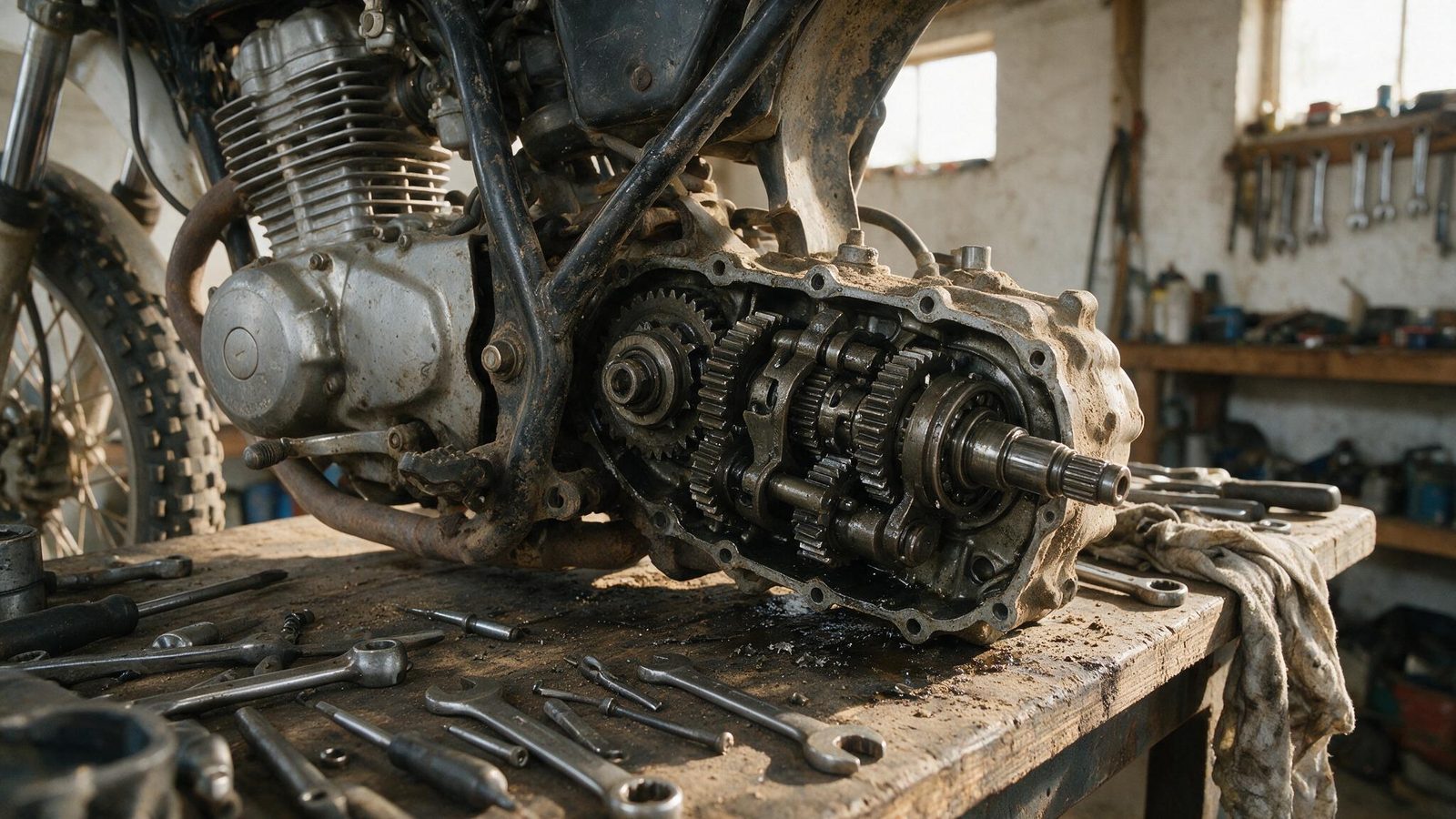 Mains de mécanicien travaillant à l'outil sur la transmission d'une moto