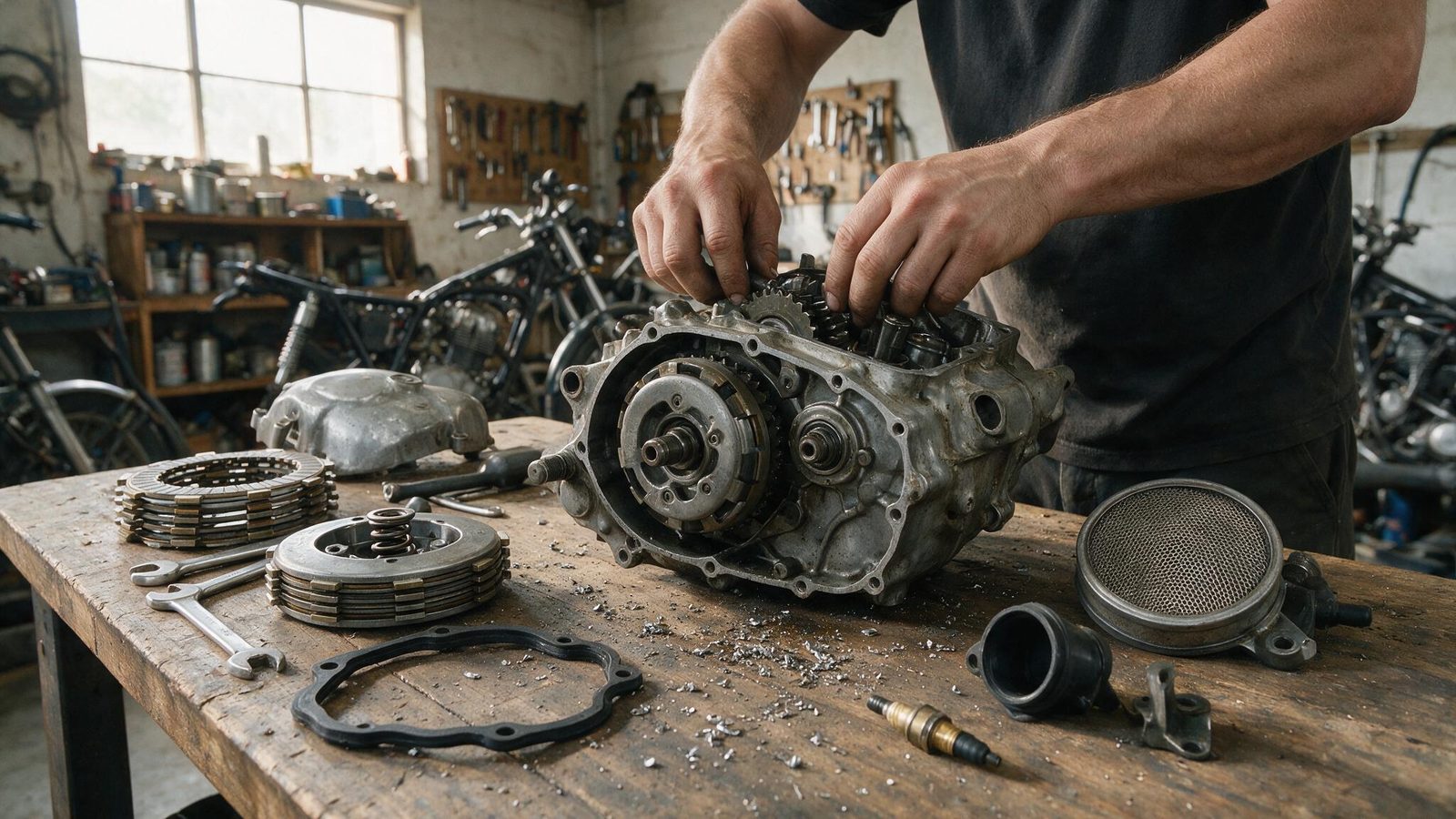 Mechanic's hands working on the internal transmission parts of a motorcycle