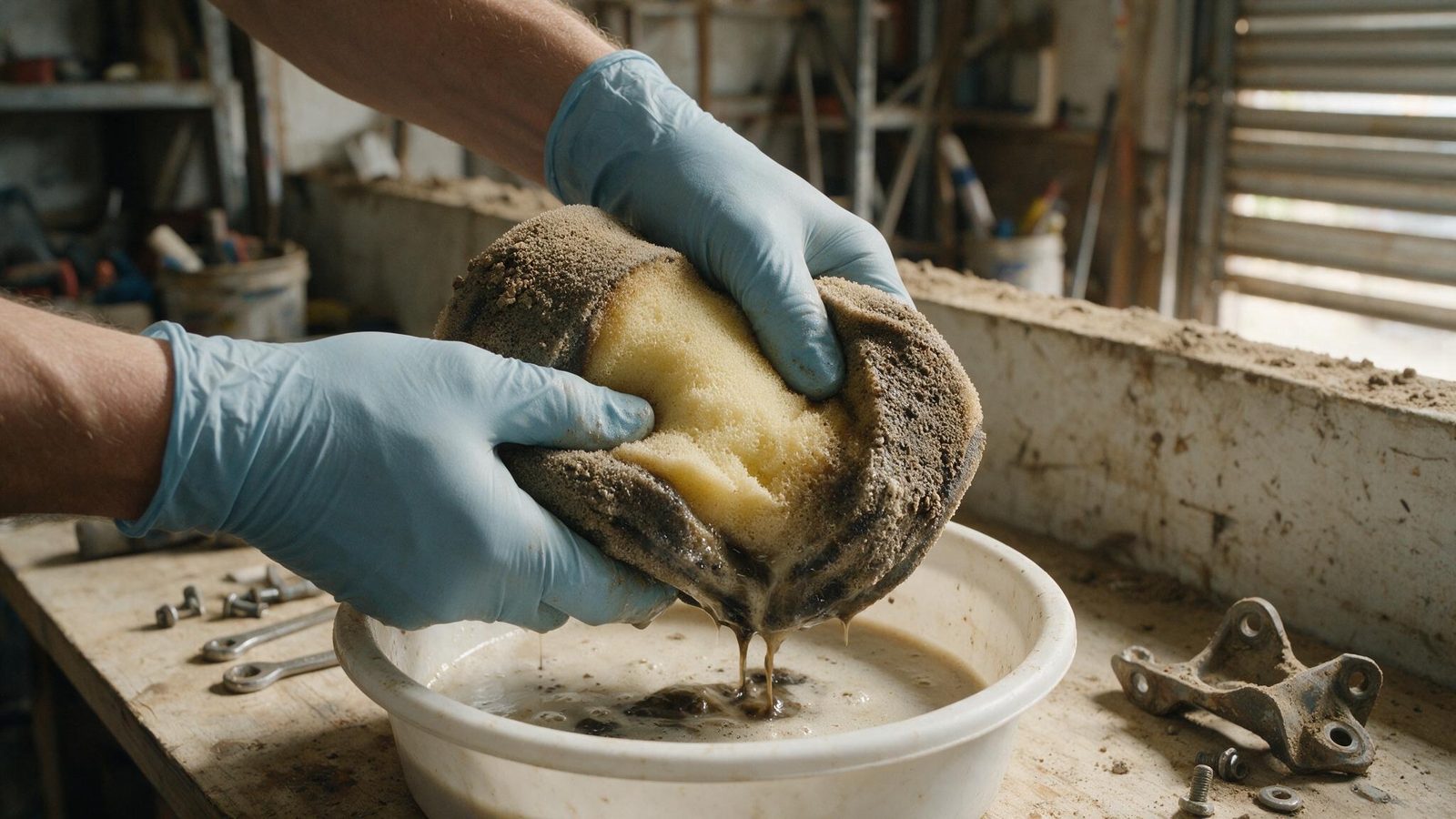 Mains gantées lavant un filtre à air en mousse de motocross dans une bassine