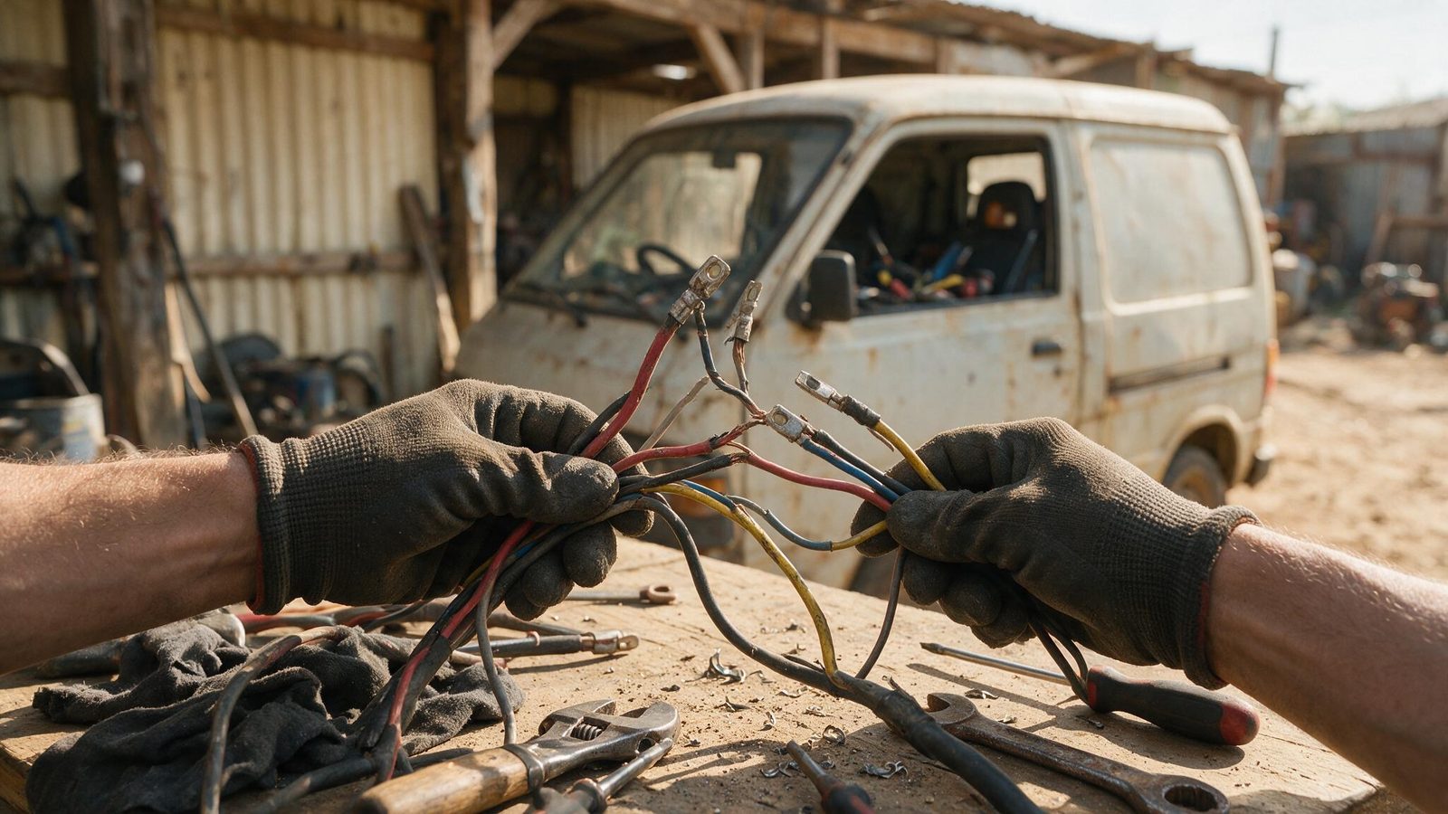 Gloved hands joining electrical wires of different colors