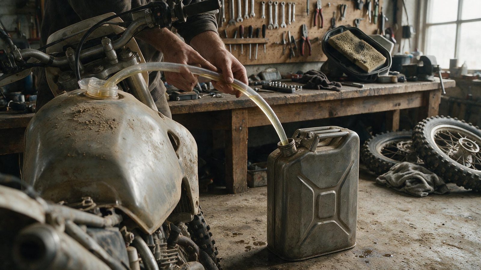 Mains vidangeant le carburant d'une moto tout-terrain dans un bidon avant stockage