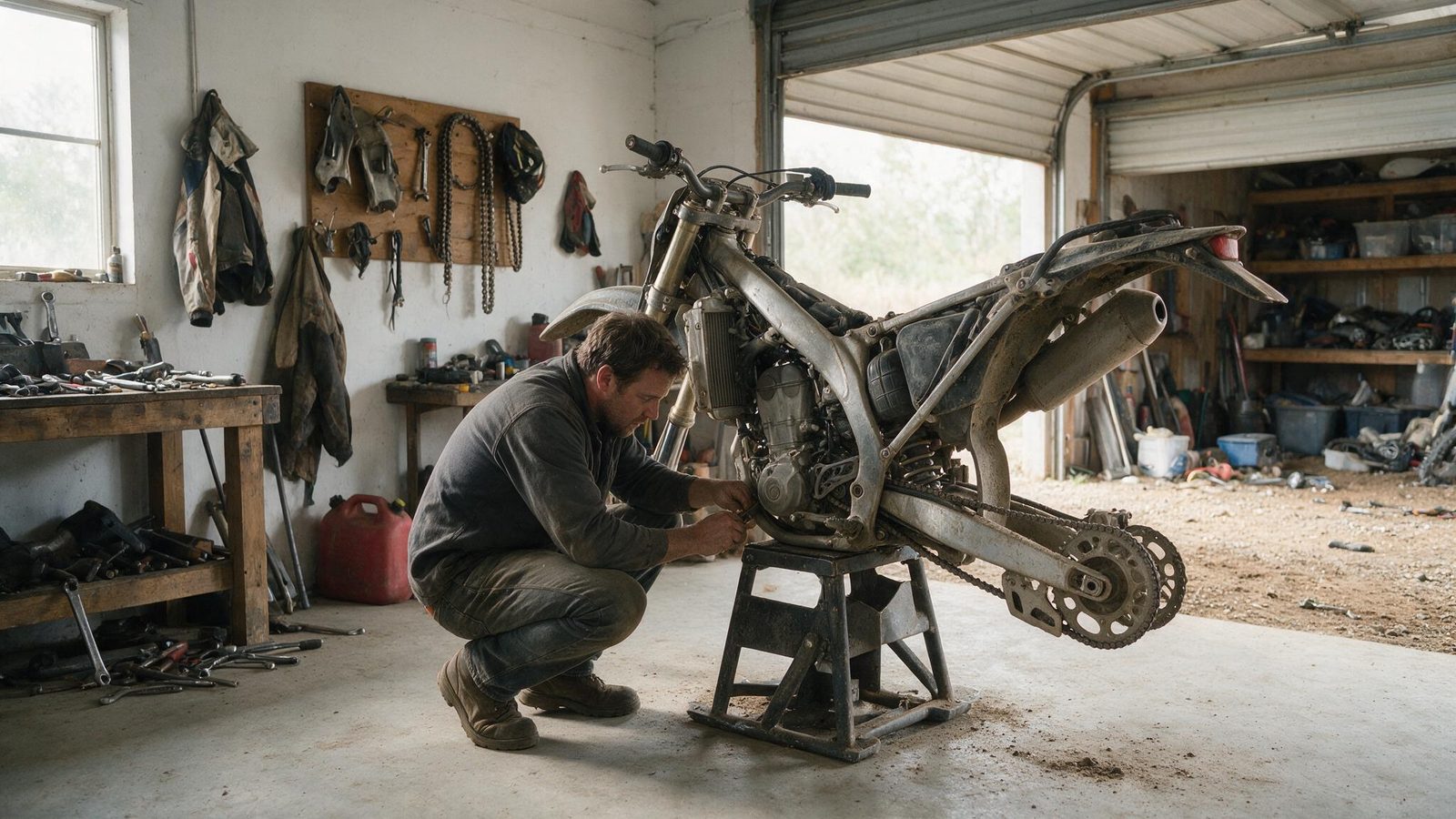 Mécanicien accroupi examinant la partie cycle d'une moto posée sur béquille d'atelier