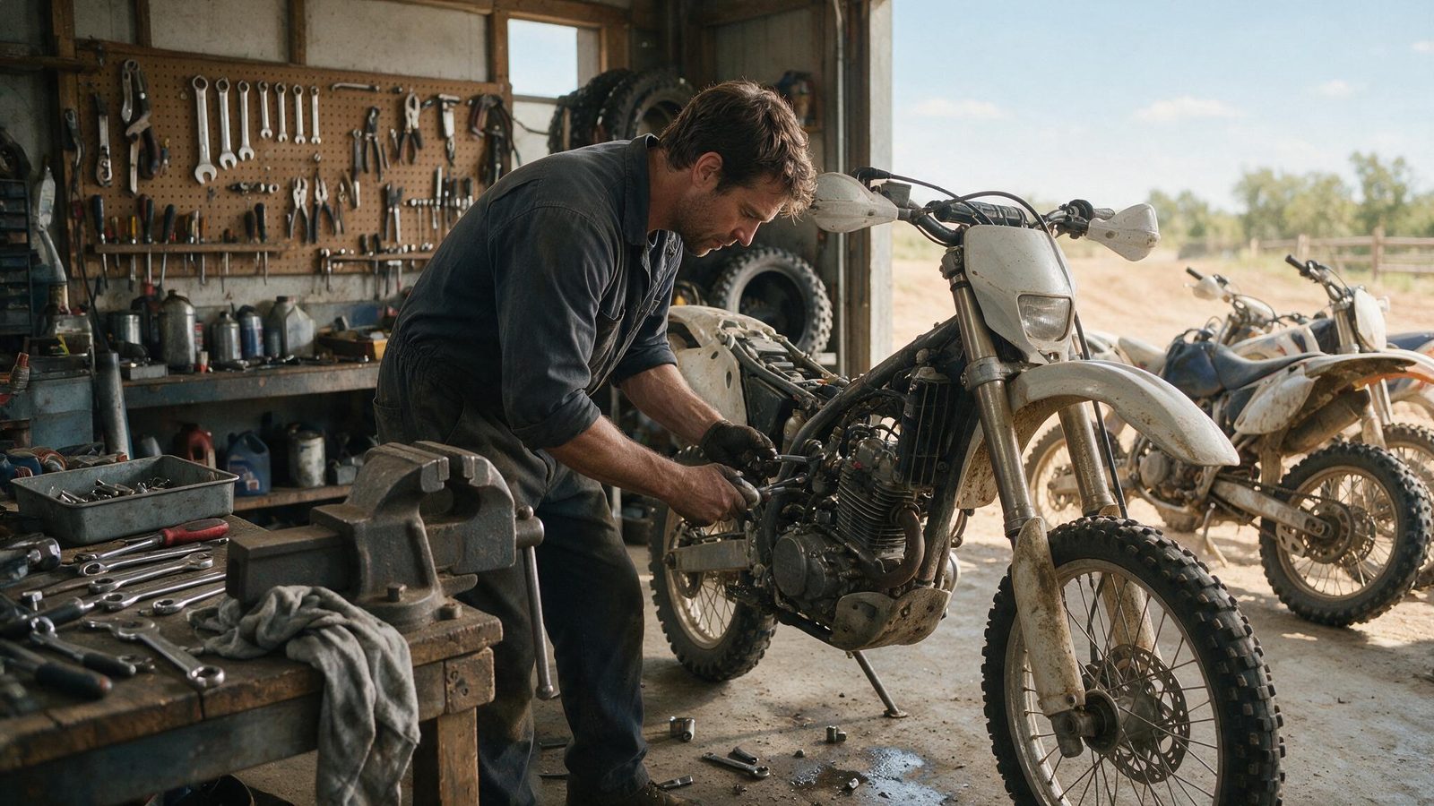 Mechanic working on a motorcycle engine in an equipped workshop