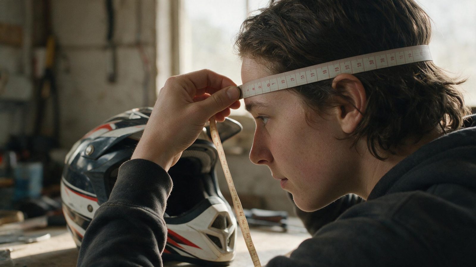 Mesure du tour de tête au mètre ruban, juste au-dessus des sourcils, casque posé devant