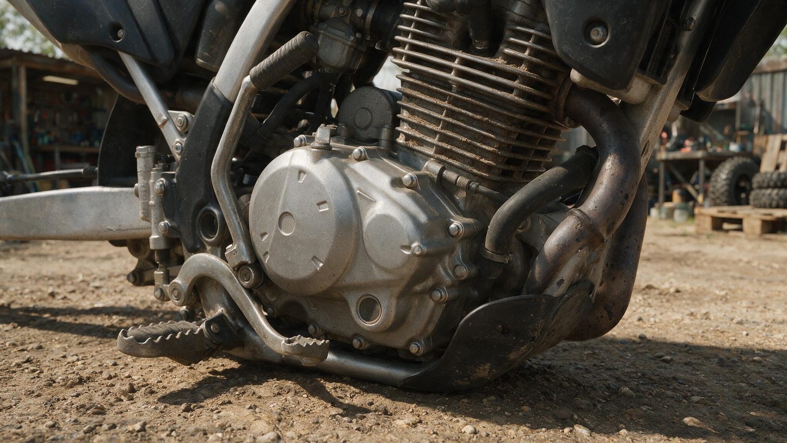 Moteur de moto d'enduro vu de côté avec le carter d'embrayage et le levier de kick