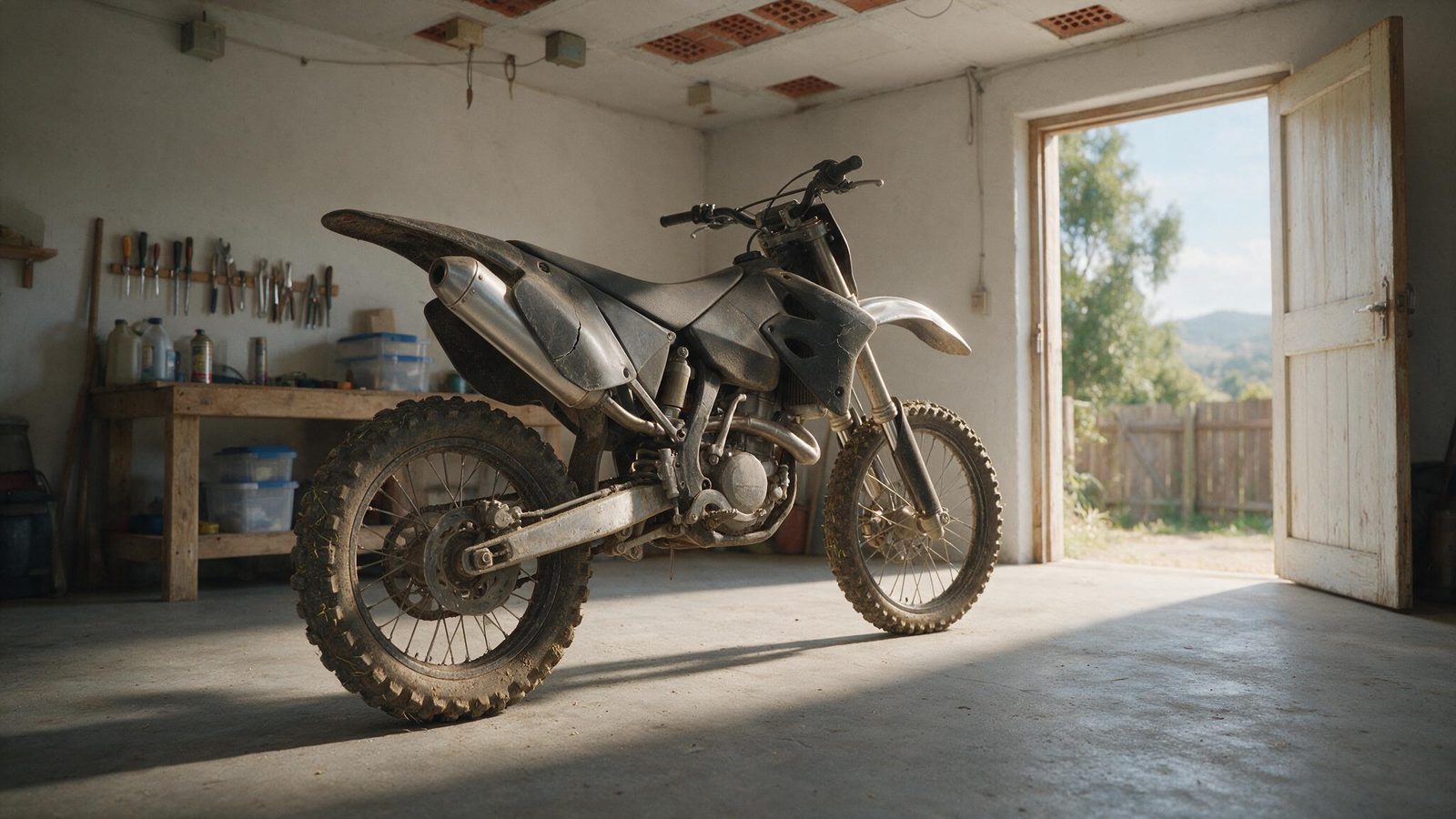 Moto de motocross à l'atelier avec un plastique latéral fendu et un garde-boue rayé