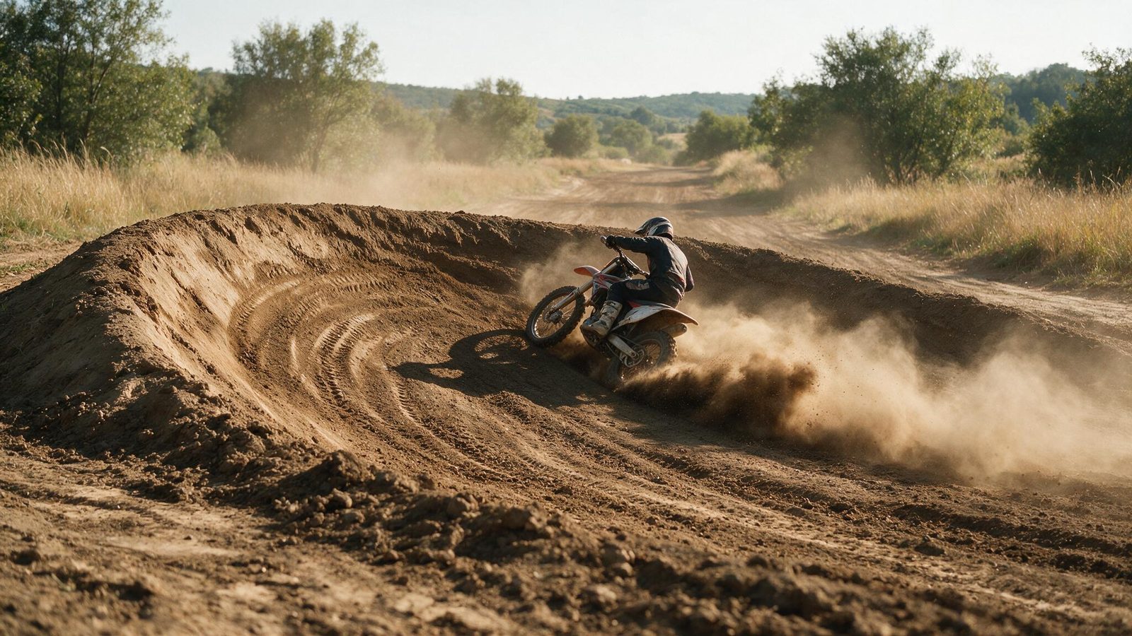 Moto de motocross appuyée contre le mur de terre d'une berme, pneus enfoncés dans le talus