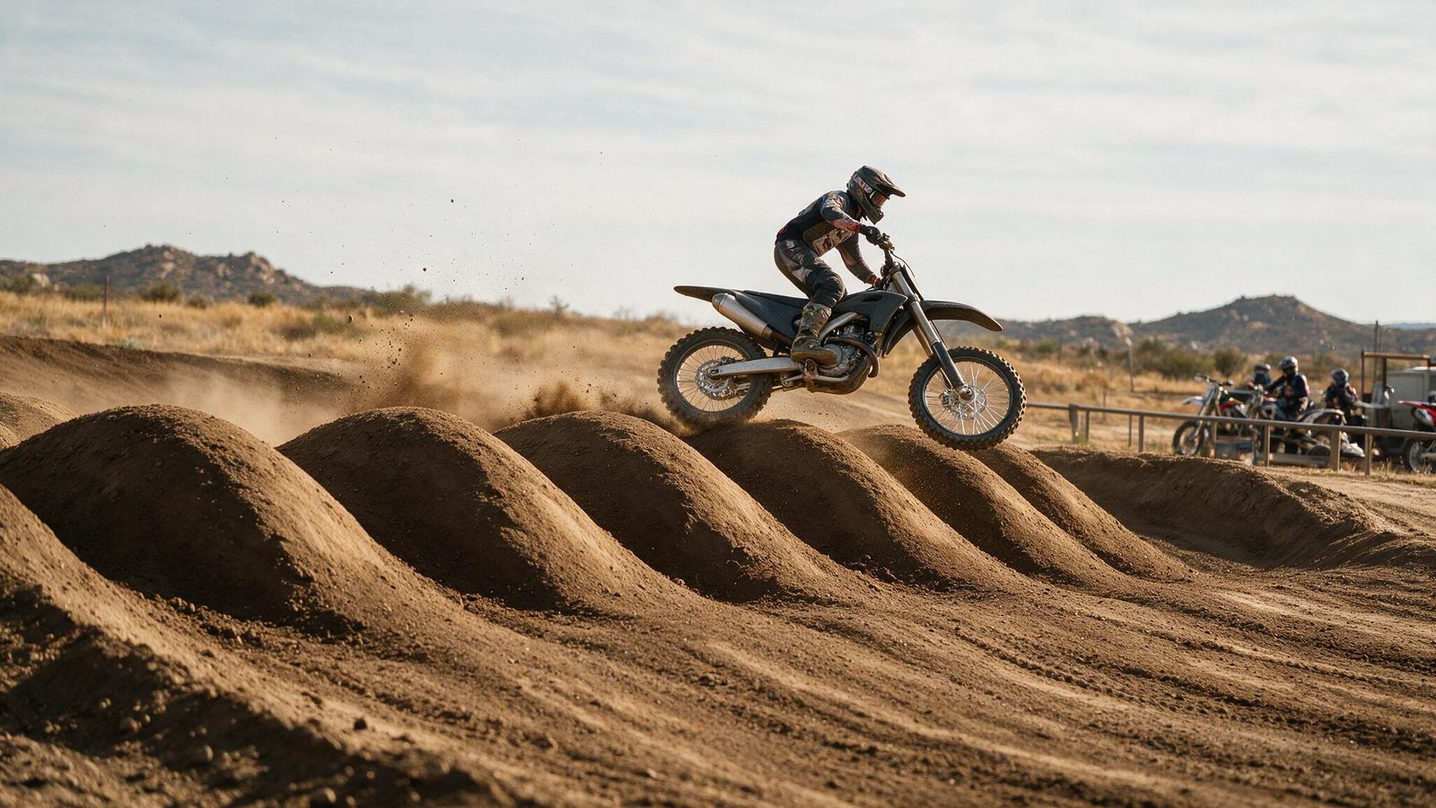 Moto de motocross effleurant le sommet d'une série de bosses successives, pilote debout en retrait