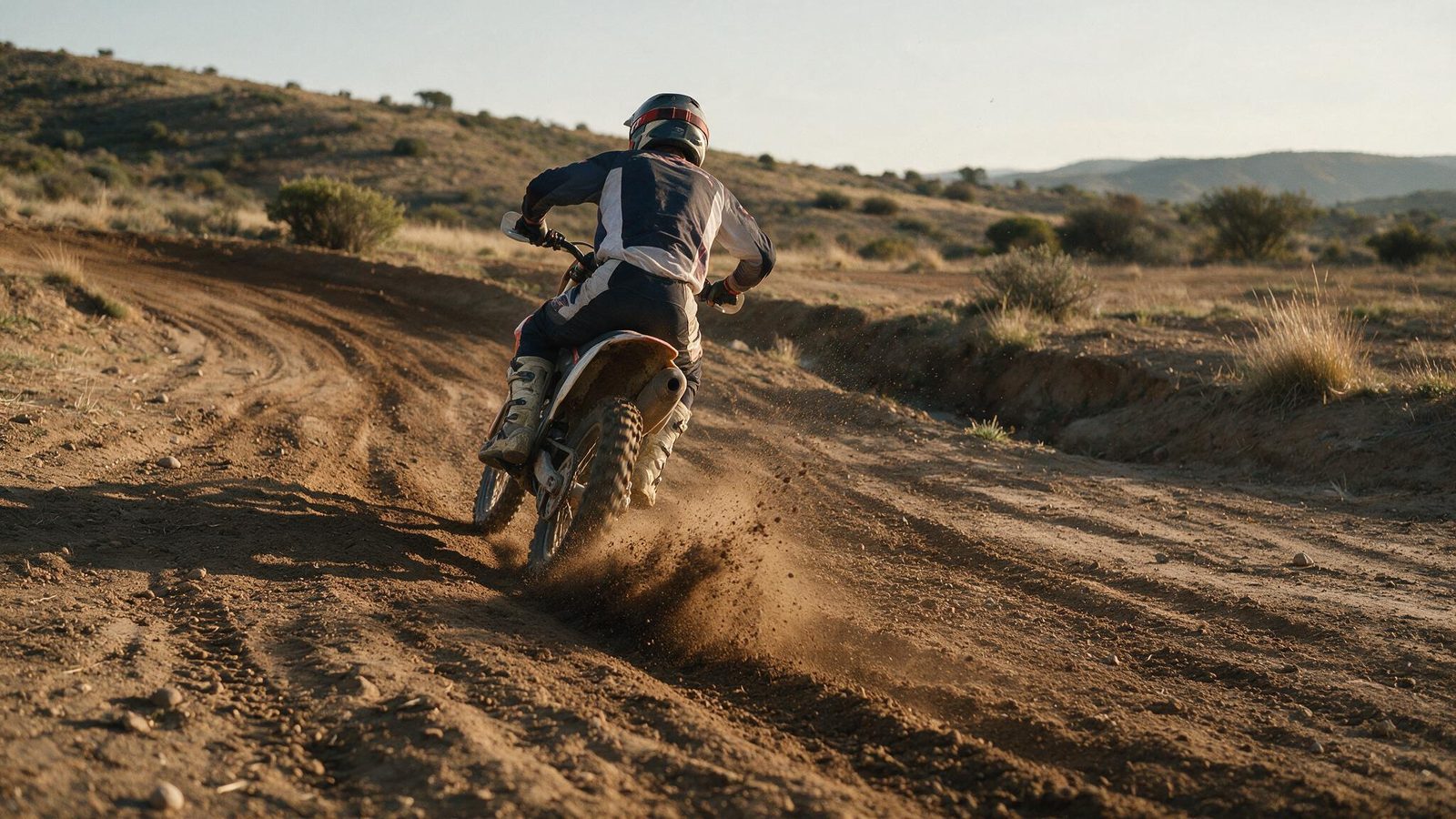 Moto de motocross sortant d'un virage, roue arrière projetant la terre, pilote coudes hauts