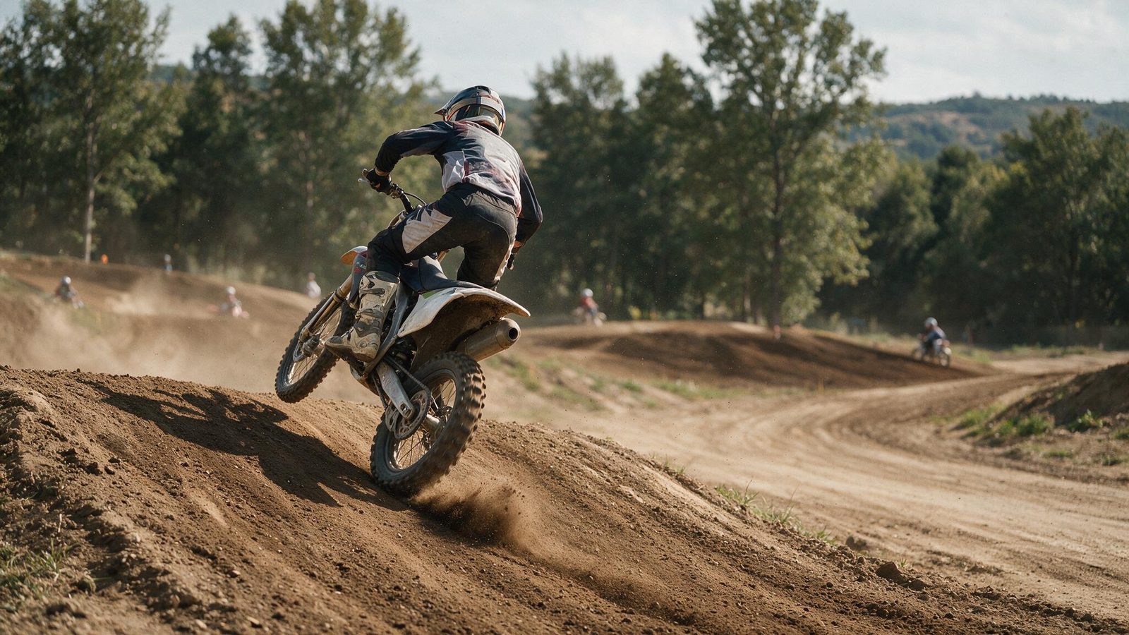 Moto de motocross touchant la pente de réception, roue arrière en premier, suspension comprimée