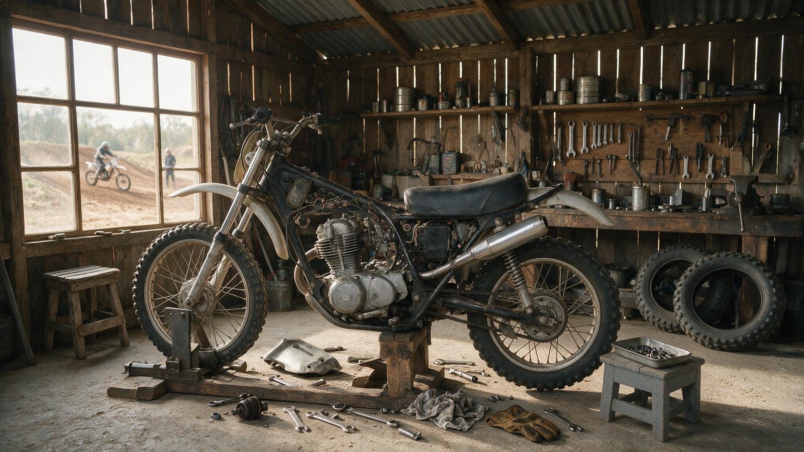 Moto en cours de démontage dans un atelier avec outillage et pièces à proximité