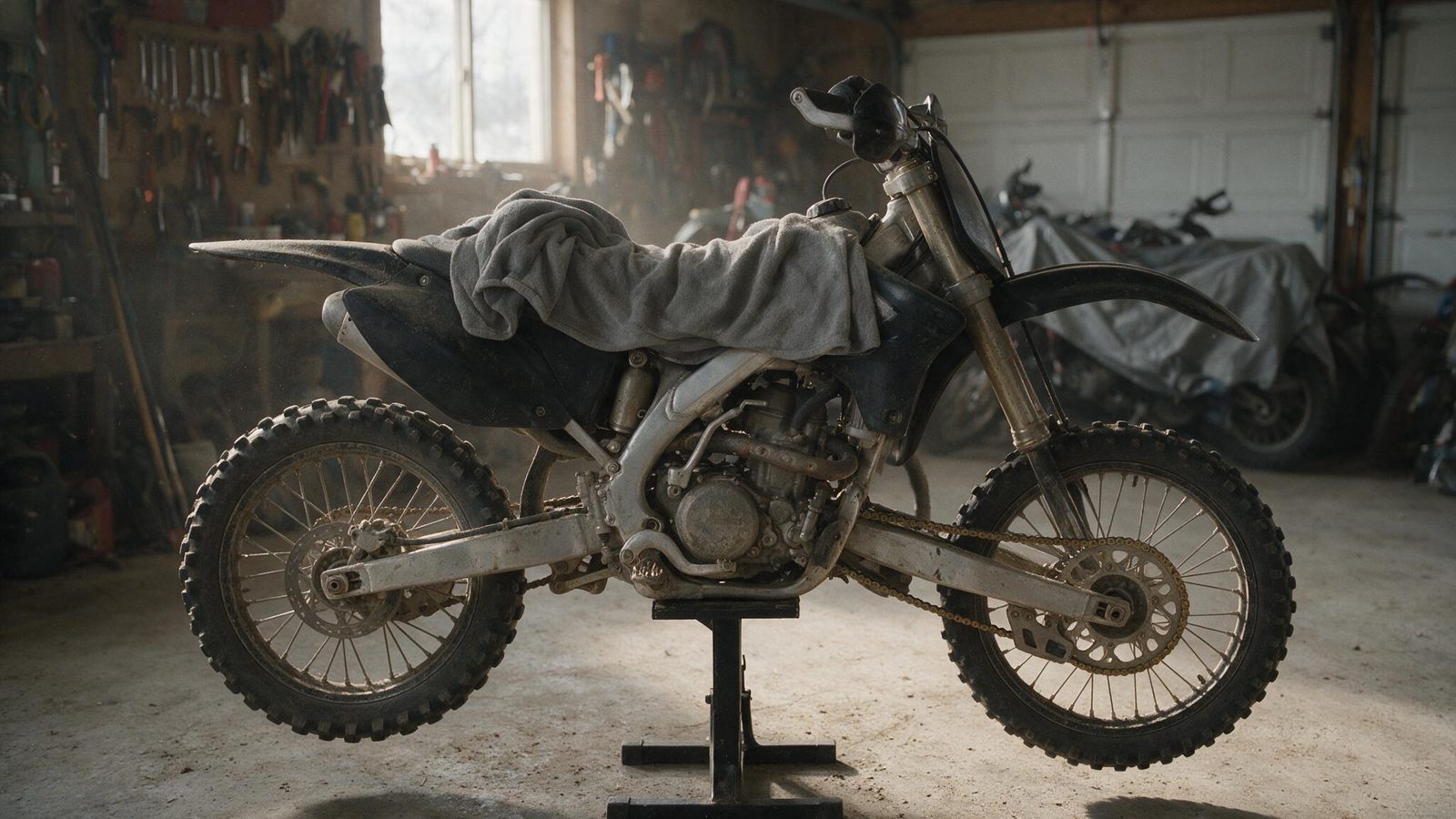 Moto tout-terrain sur béquille dans un garage, partiellement recouverte d'une bâche