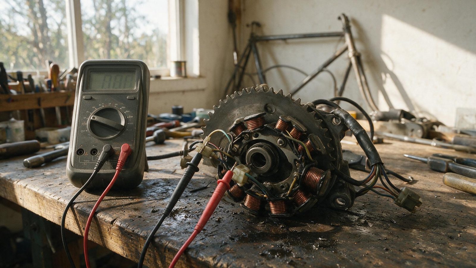 Digital multimeter on a workbench with colored test leads connected