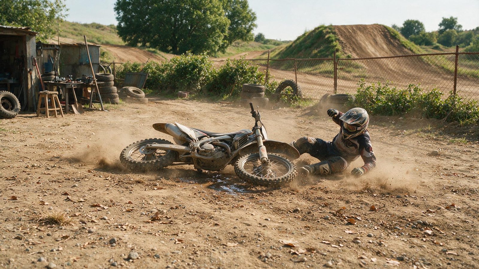 Pilote au sol à côté de sa moto couchée après une chute sur le terrain