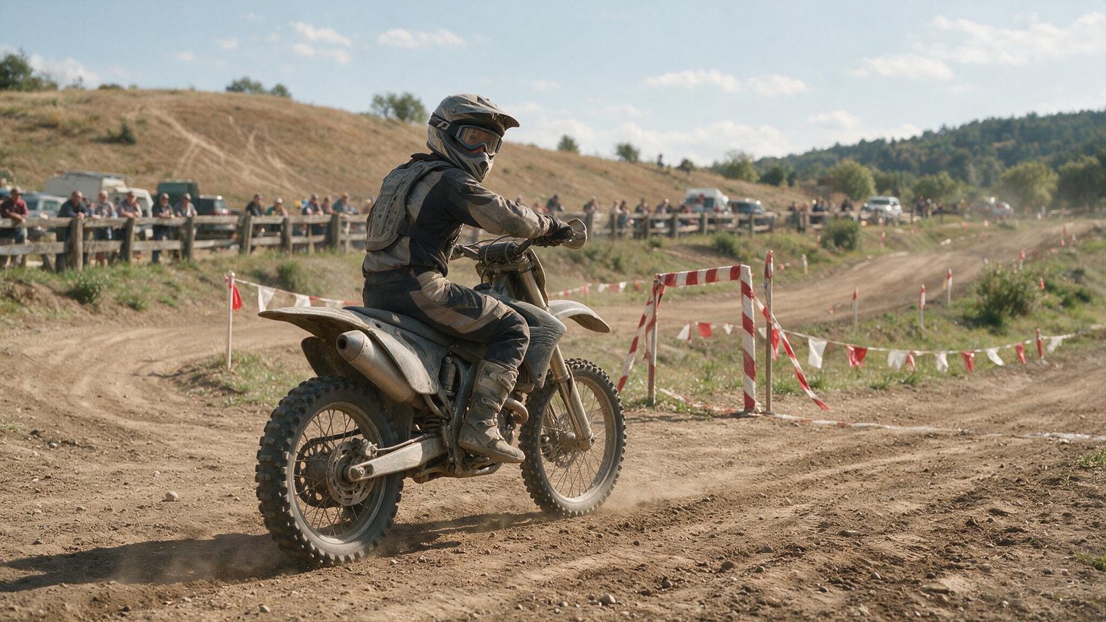 Pilote de motocross casqué et masqué se retournant sur la piste avant un départ