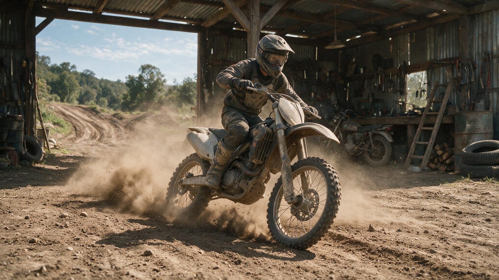 Pilote de motocross en action, genoux serrés contre les flancs de sa moto