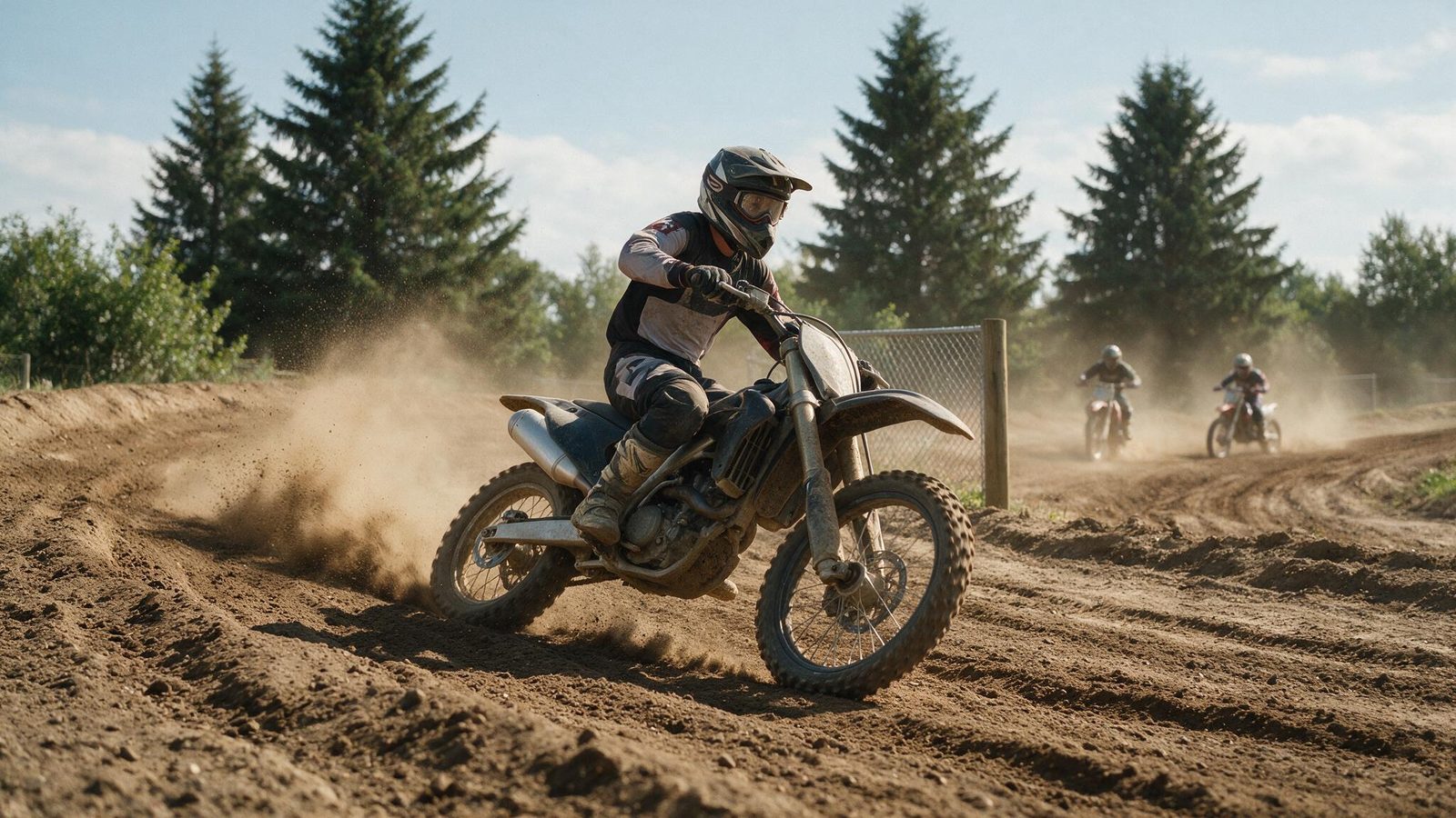 Pilote de motocross en course sur un circuit de terre, autres concurrents visibles à l'arrière-plan