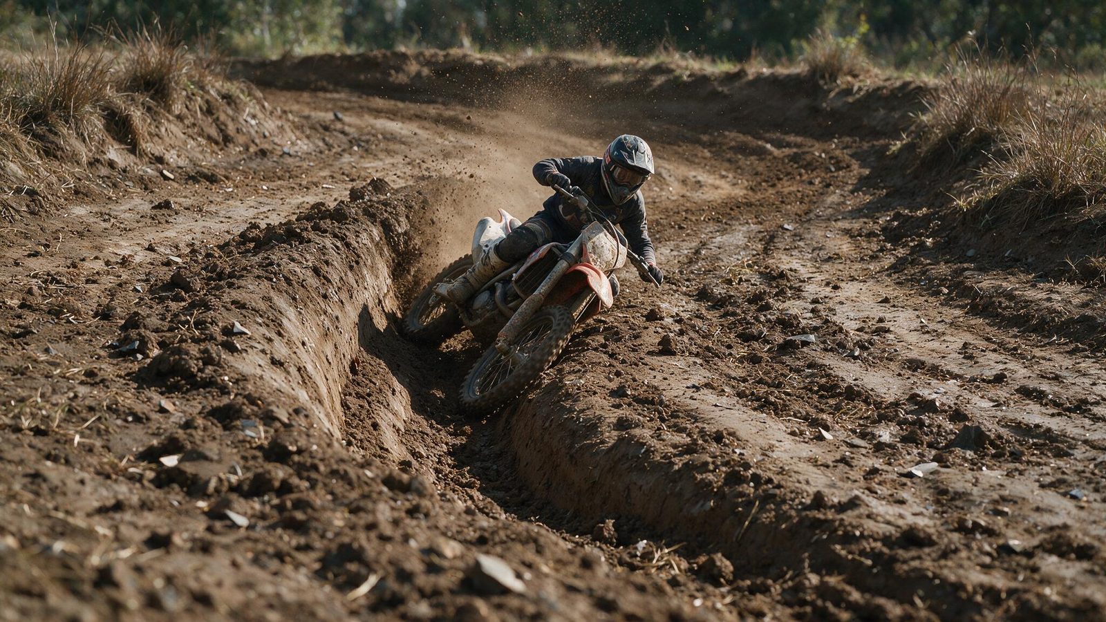 Pilote de motocross engagé dans une ornière profonde, roue avant suivant le fond de la trace