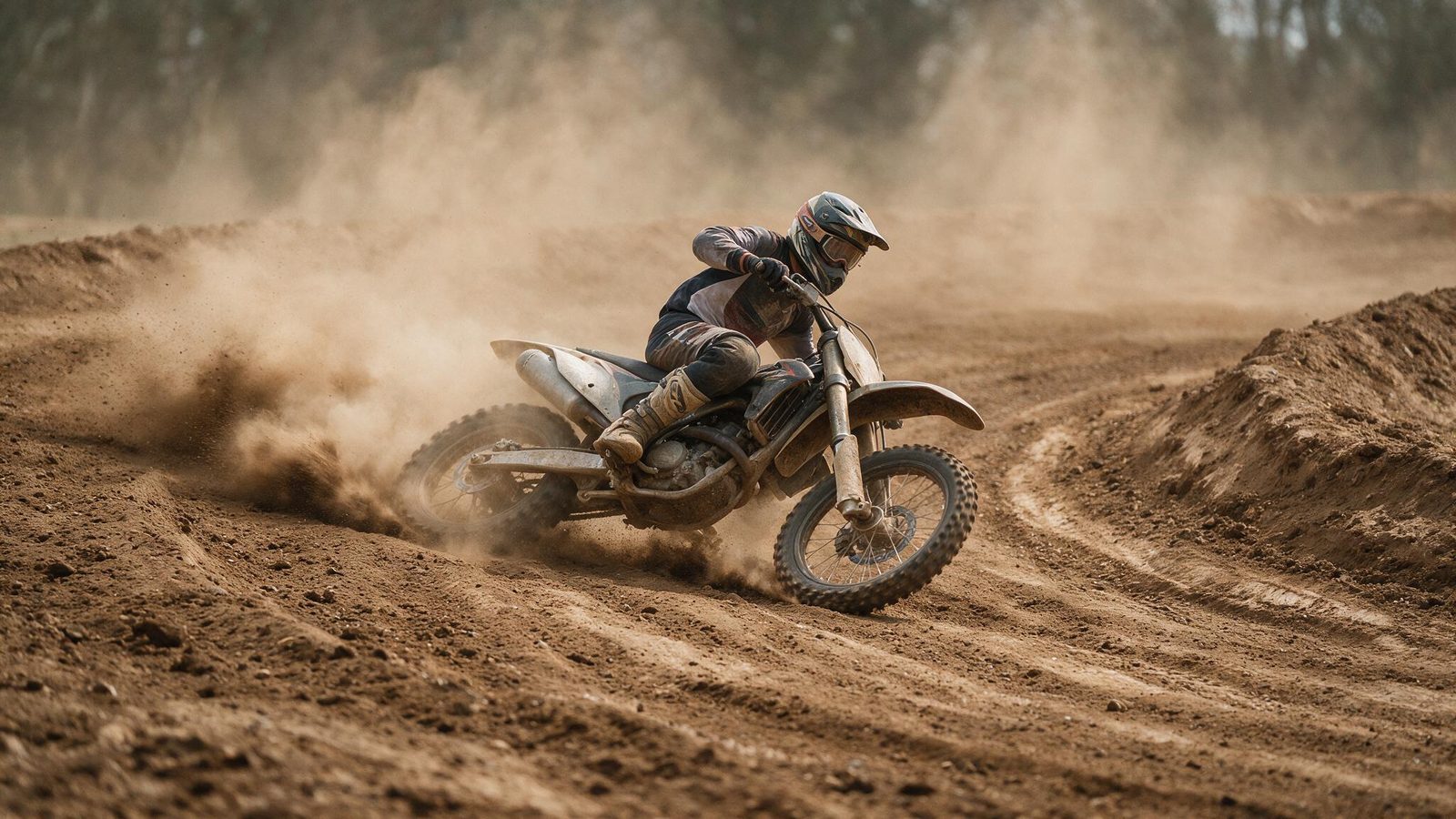 Pilote de motocross incliné dans un virage de terre, jambe intérieure tendue vers l'avant