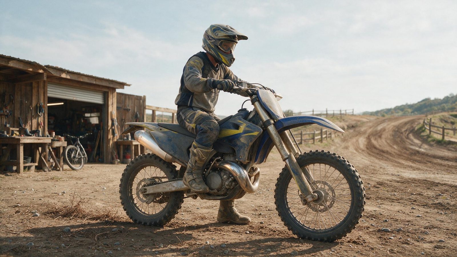 Pilote en maillot et pantalon de motocross debout devant sa moto tout-terrain