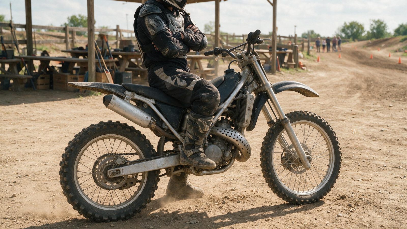 Pilote en tenue de protection complète, bras croisés sur le torse avant une course