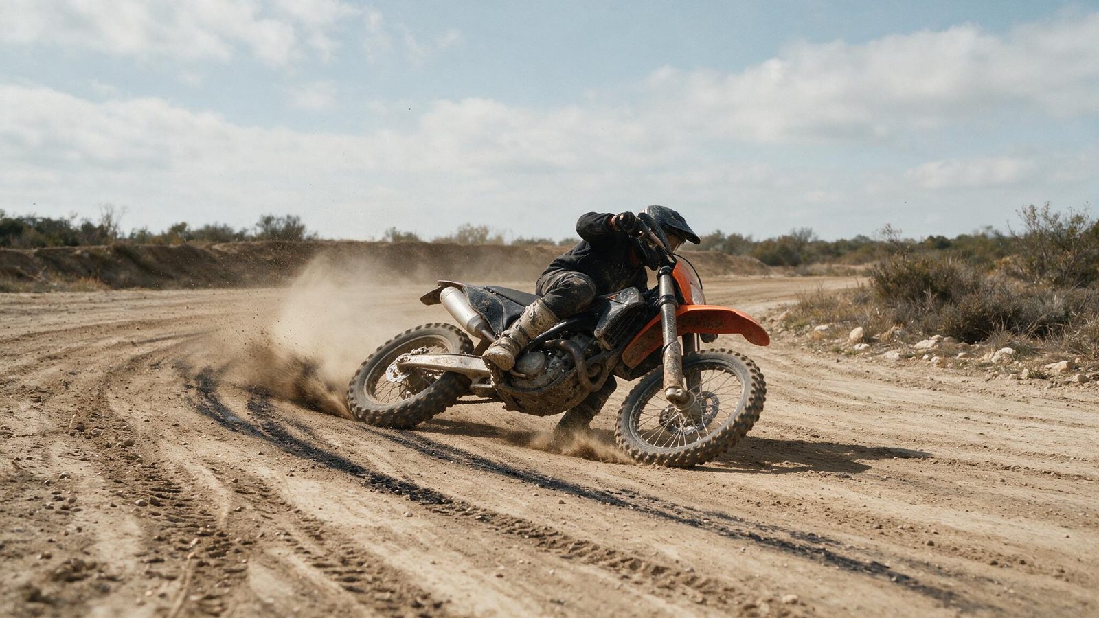 Pilote négociant un virage plat sans relief, moto peu inclinée et pied intérieur rasant le sol