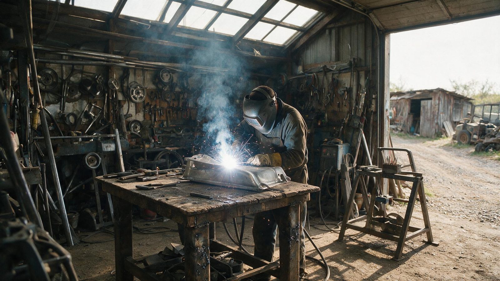 Equipped welder working with an argon arc on a part in a garage