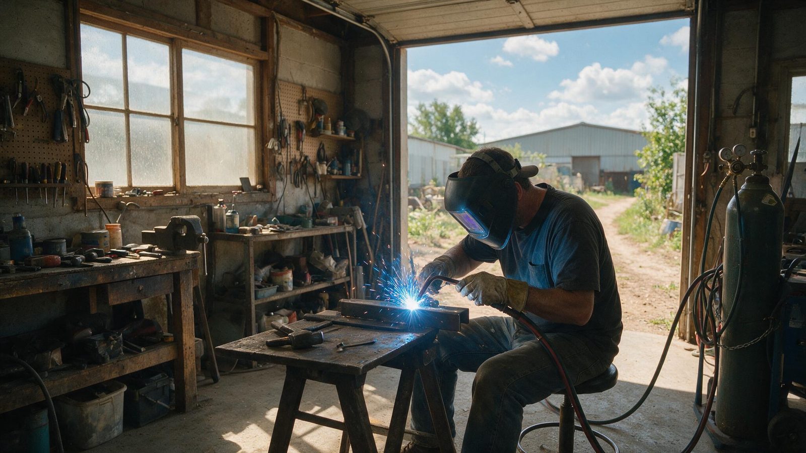 Welder working with an argon arc on a metal part inside a garage