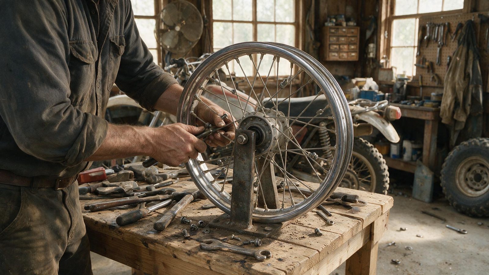 Technicien travaillant sur une roue de moto à rayons montée sur support
