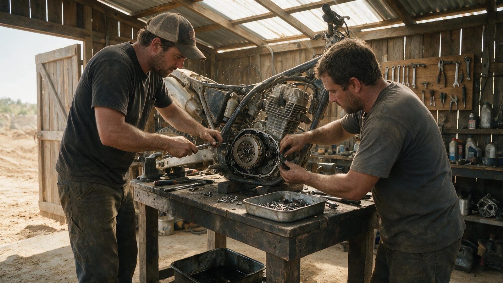 Technicians working on the clutch system of a motorcycle engine