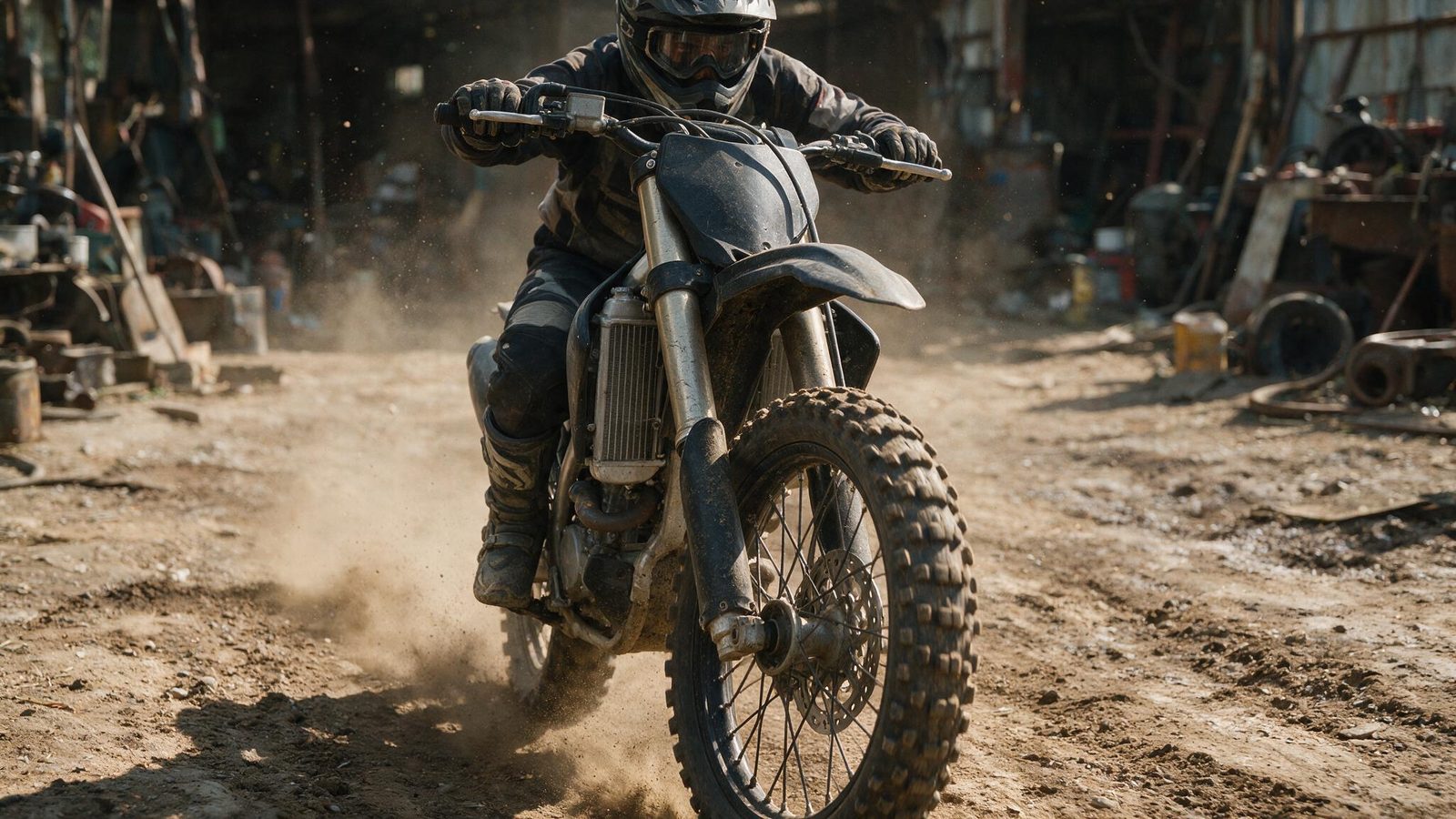 Train avant d'une moto tout-terrain avec fourche, tés de fourche et roue avant