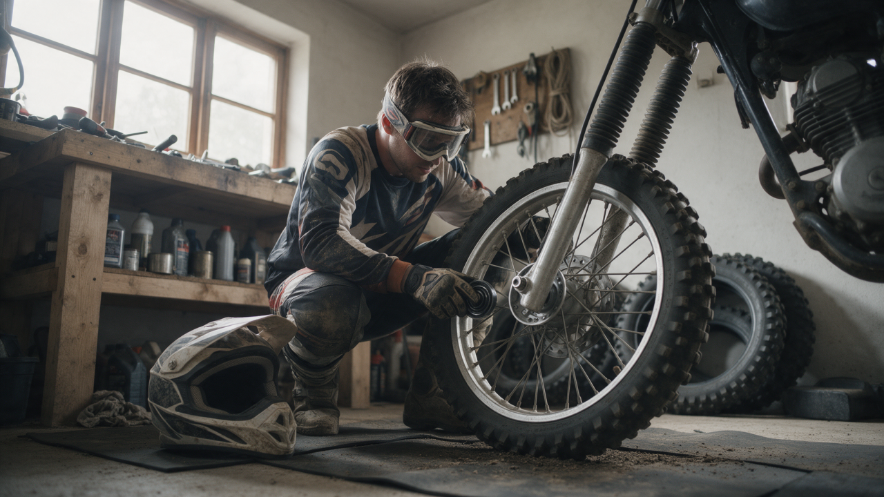 Pilote de motocross accroupi devant sa moto, roue avant démontée, inspectant le roulement de roue dans un garage