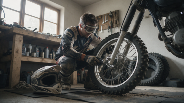Pilote de motocross accroupi devant sa moto, roue avant démontée, inspectant le roulement de roue dans un garage