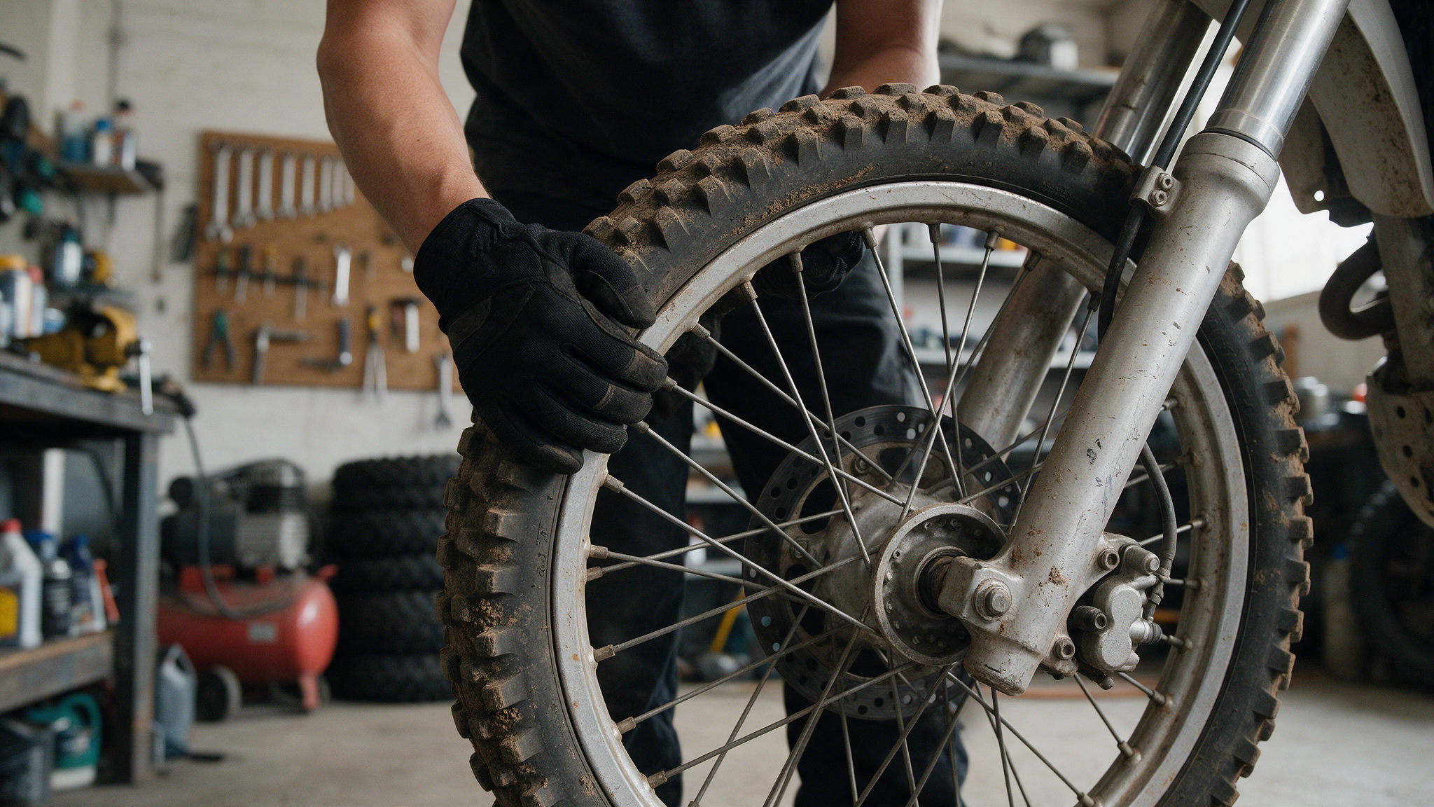 Mains gantées faisant tourner la roue avant d'une moto de motocross pour sentir un jeu dans le roulement