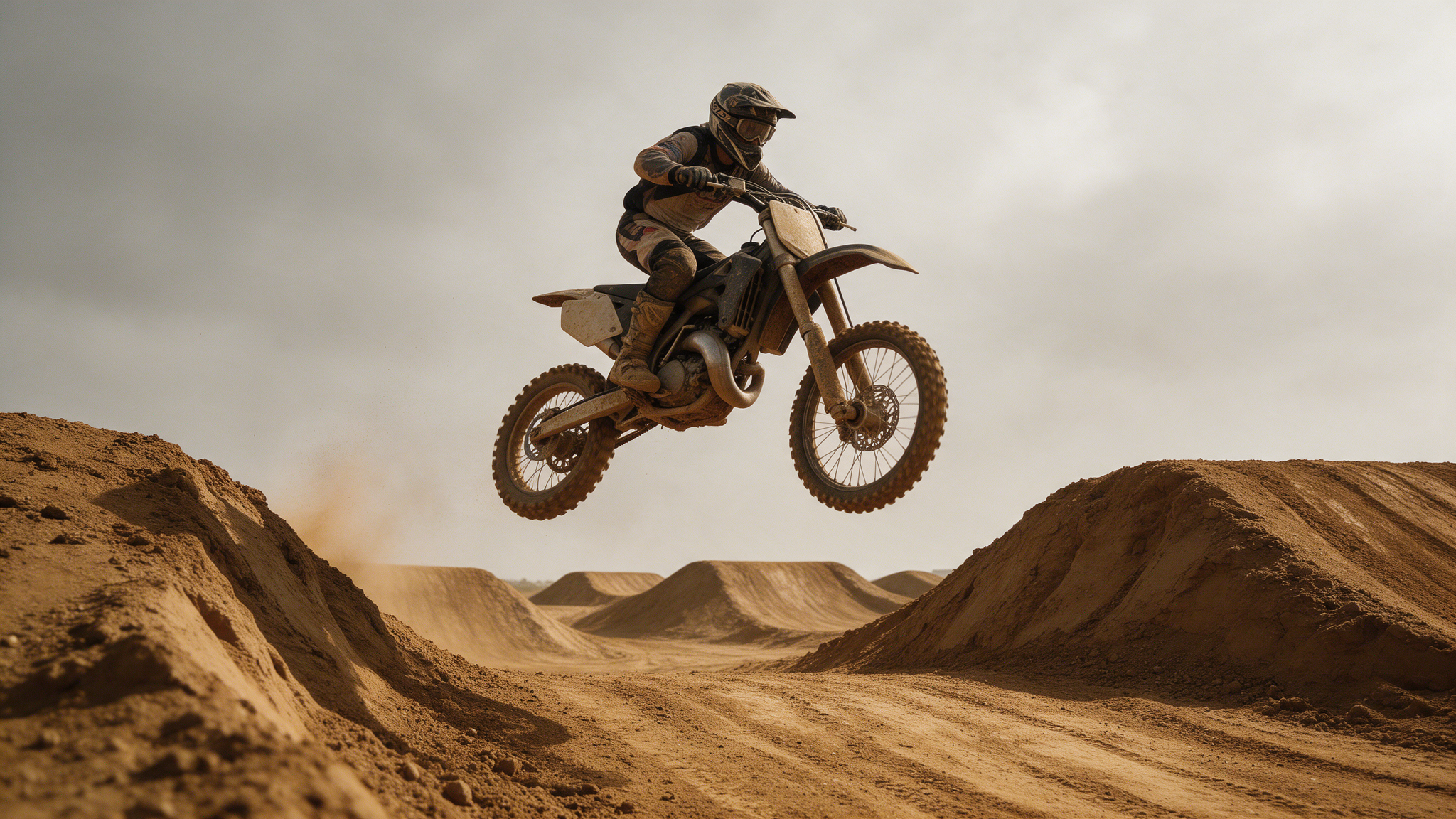 Compact motocross rider in the air over a series of dirt jumps, with more jumps lined up behind.