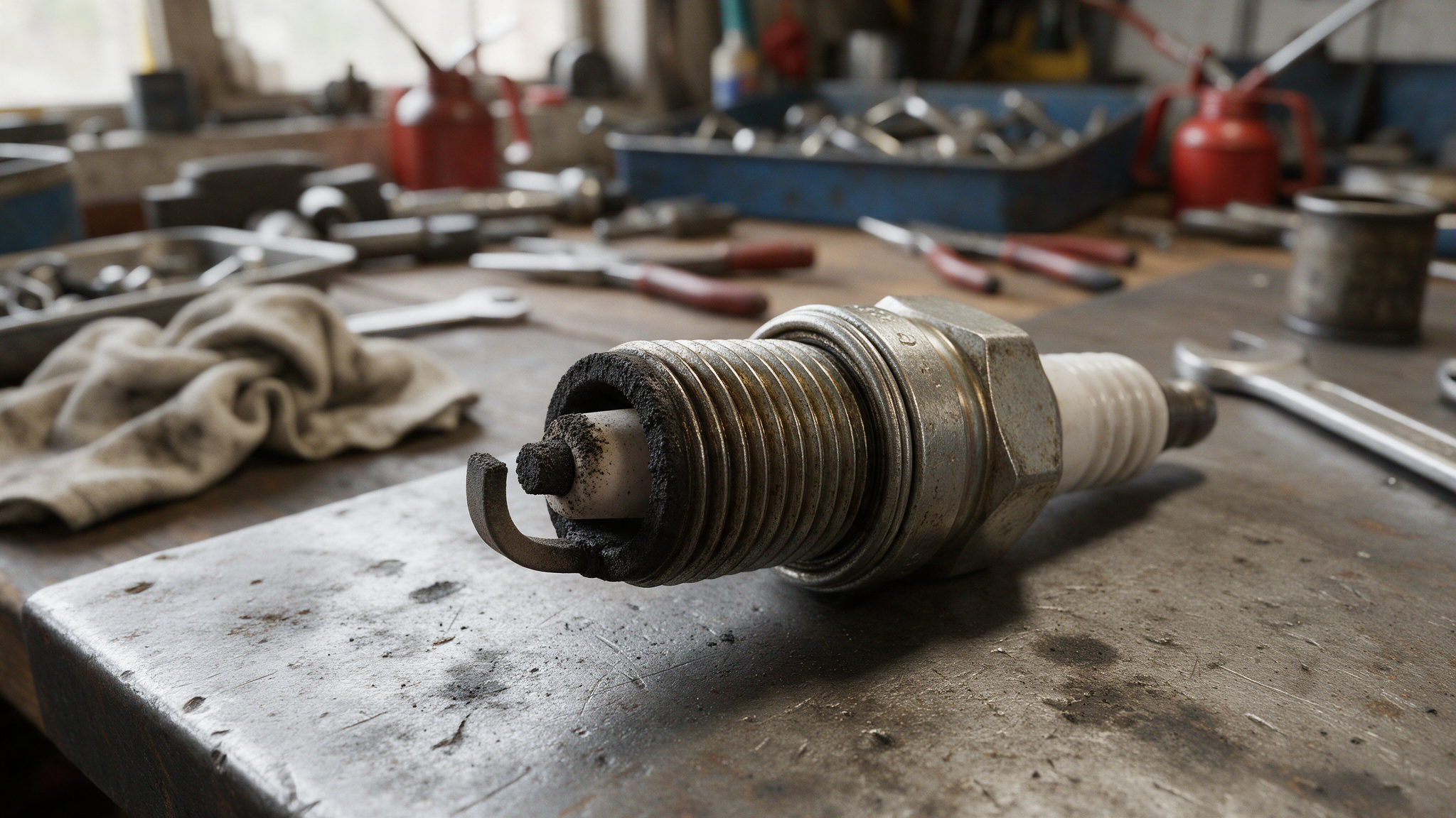 Gros plan sur l'isolant d'une bougie moto cross couvert de suie noire et sèche, posée sur un établi d'atelier